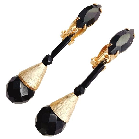VTG Signed Lewis Segal Mid Century Earrings Black Glass Clip On Dangle - Picture 1 of 10